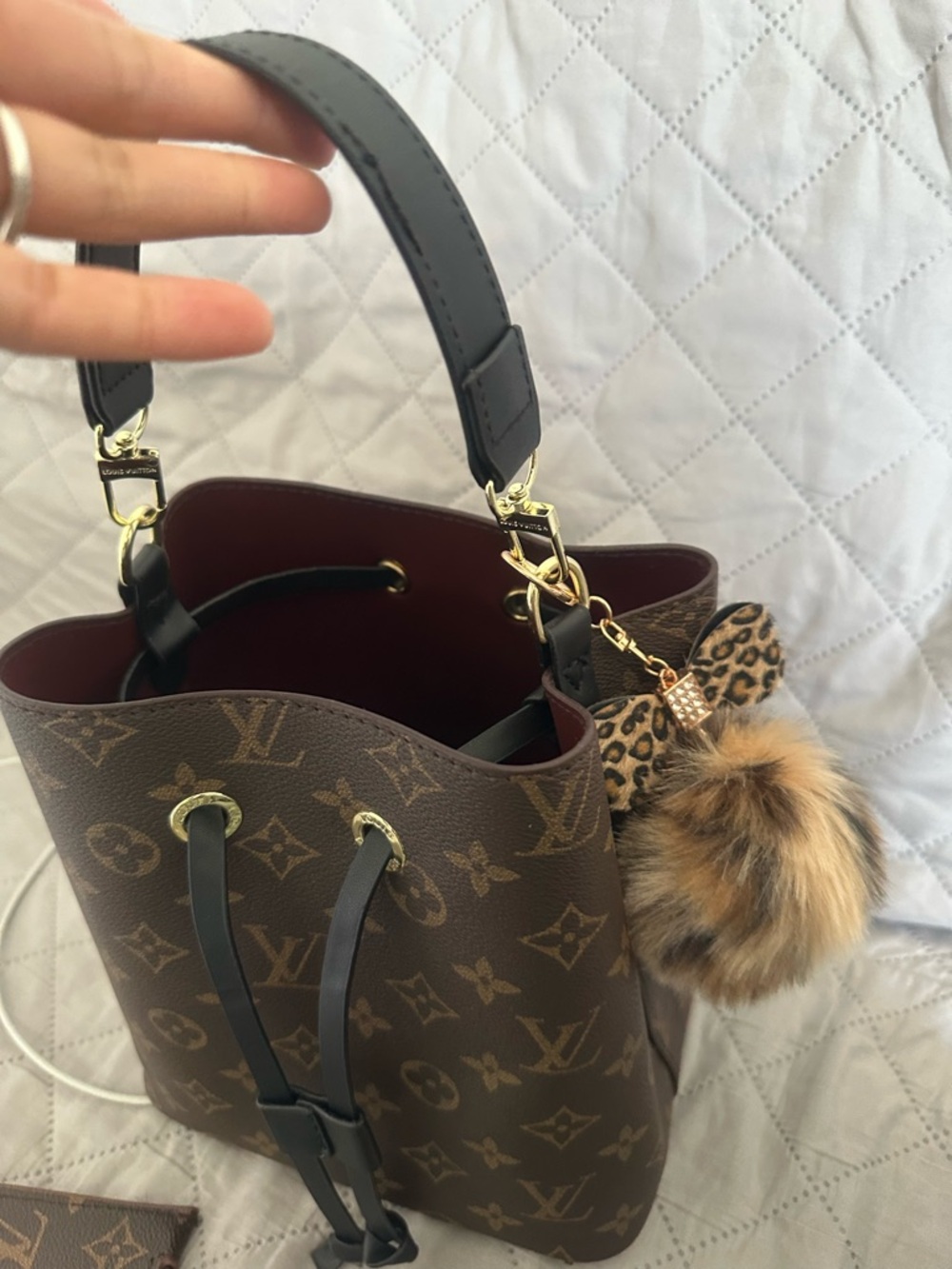 Designer-Inspired Brown Monogram Bucket Bag with Leopard Pom Charm